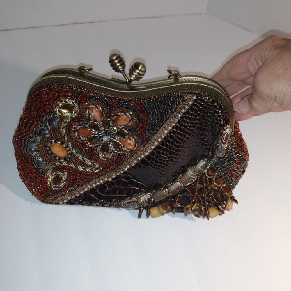 Chico's: Brown purse with ceramic stones & beads, chain strap and metal handle. - Picture 2 of 6
